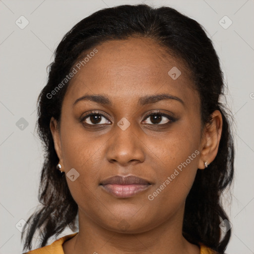 Joyful latino young-adult female with medium  brown hair and brown eyes