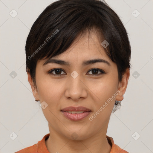 Joyful asian young-adult female with short  brown hair and brown eyes