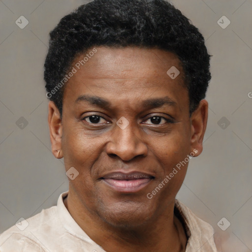 Joyful black adult male with short  black hair and brown eyes