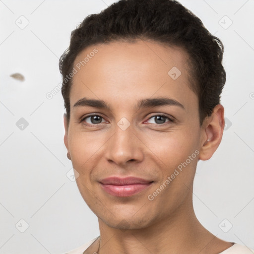 Joyful white young-adult female with short  brown hair and brown eyes