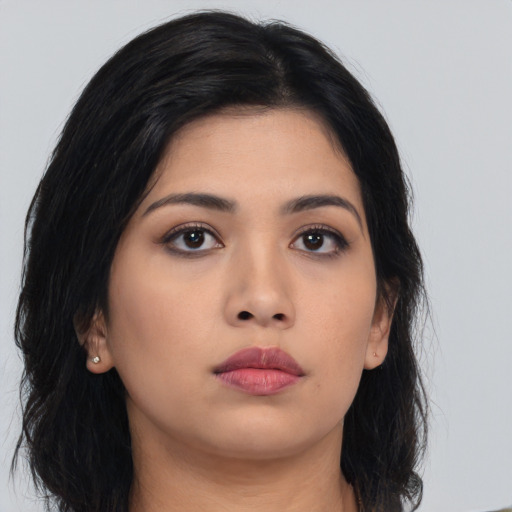 Neutral asian young-adult female with long  black hair and brown eyes