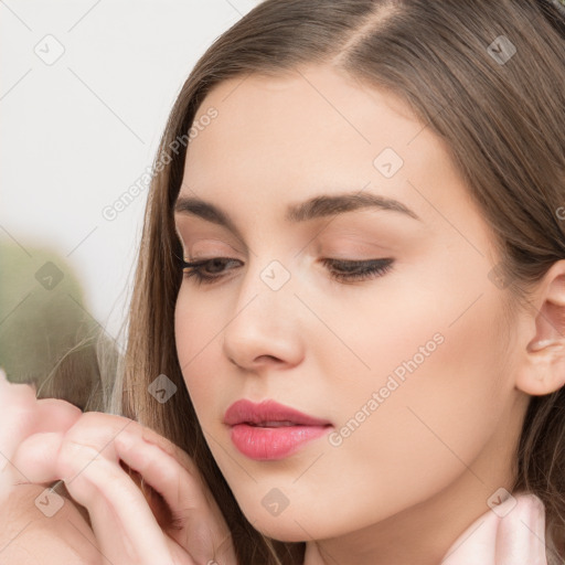 Neutral white young-adult female with long  brown hair and brown eyes