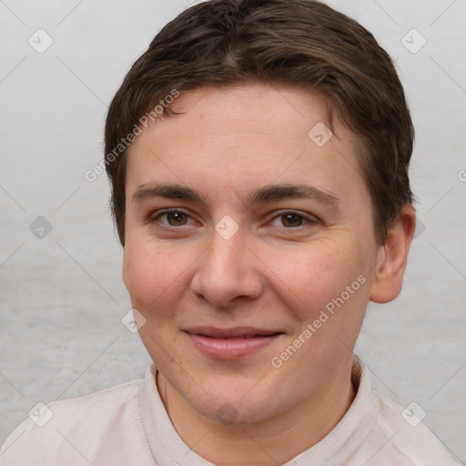 Joyful white young-adult female with short  brown hair and brown eyes