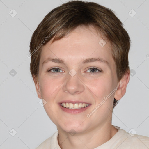 Joyful white young-adult female with short  brown hair and grey eyes