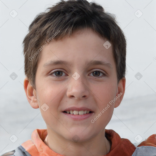 Joyful white child male with short  brown hair and grey eyes