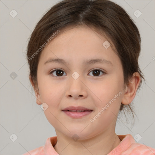 Joyful white child female with medium  brown hair and brown eyes