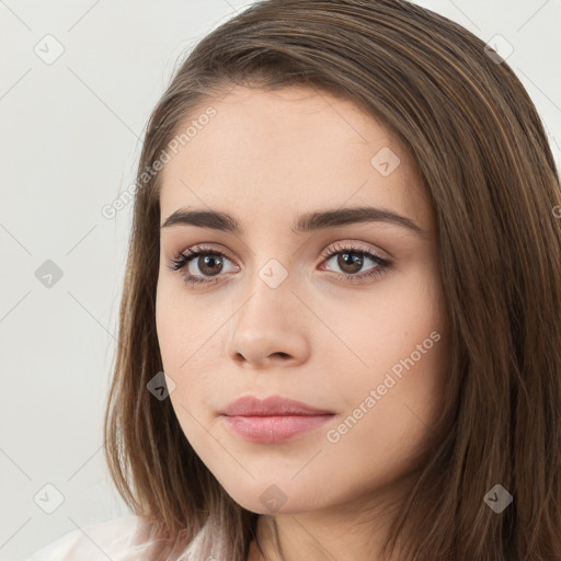 Neutral white young-adult female with long  brown hair and brown eyes