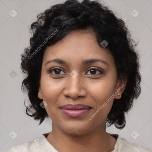 Joyful black young-adult female with medium  black hair and brown eyes