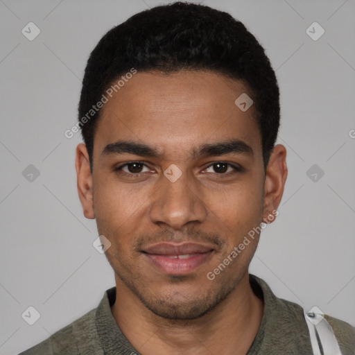 Joyful black young-adult male with short  black hair and brown eyes