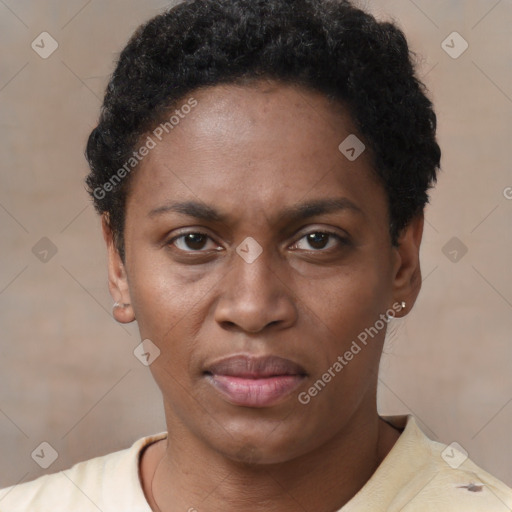 Neutral black young-adult female with short  brown hair and brown eyes