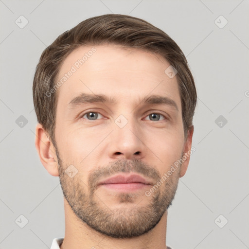 Neutral white young-adult male with short  brown hair and brown eyes