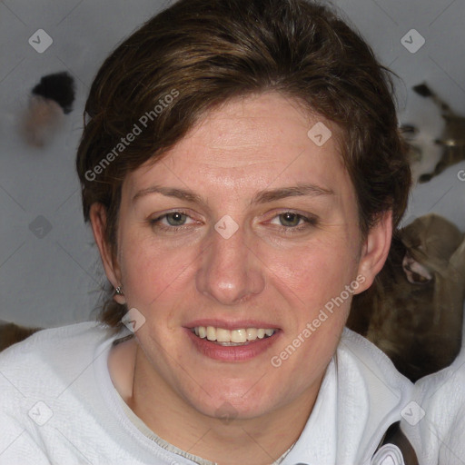 Joyful white adult female with medium  brown hair and blue eyes