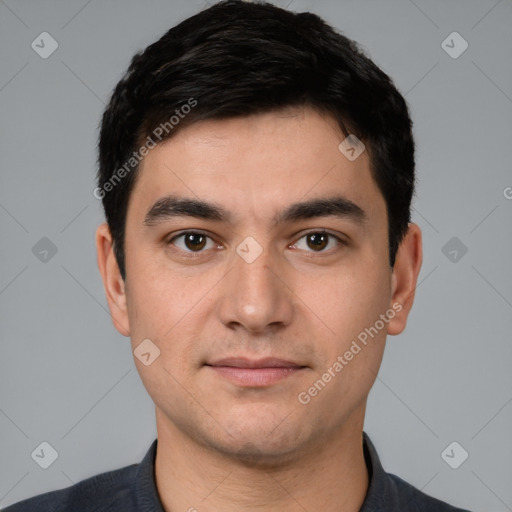 Neutral white young-adult male with short  black hair and brown eyes