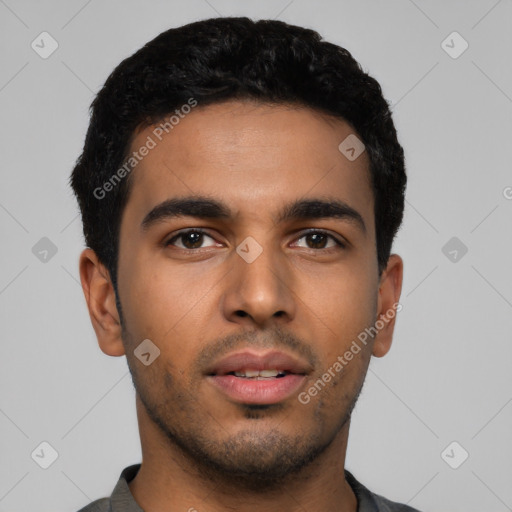 Neutral latino young-adult male with short  black hair and brown eyes