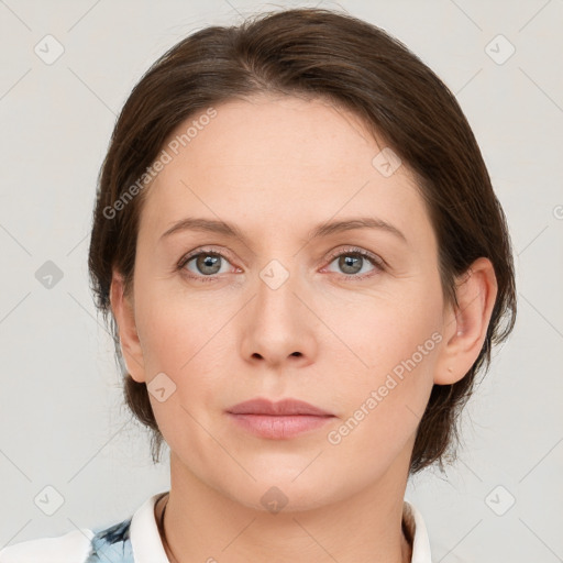 Neutral white young-adult female with medium  brown hair and grey eyes