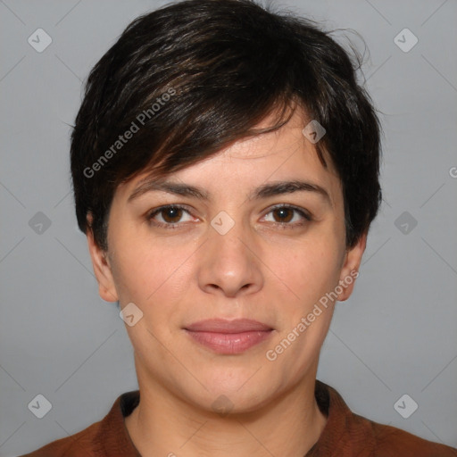 Joyful white young-adult female with medium  brown hair and brown eyes