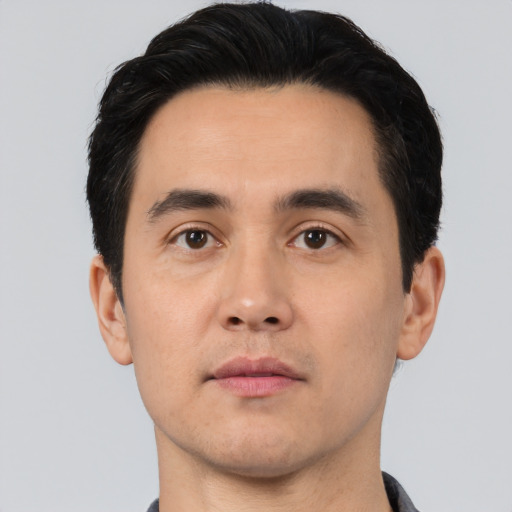 Neutral asian young-adult male with short  black hair and brown eyes