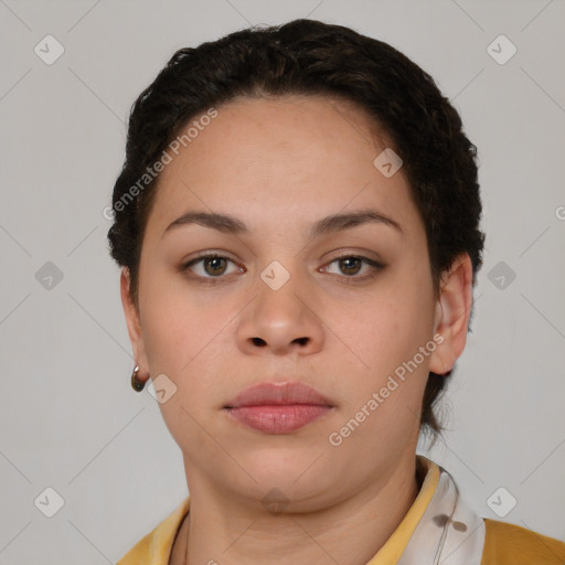 Neutral asian young-adult female with short  brown hair and brown eyes