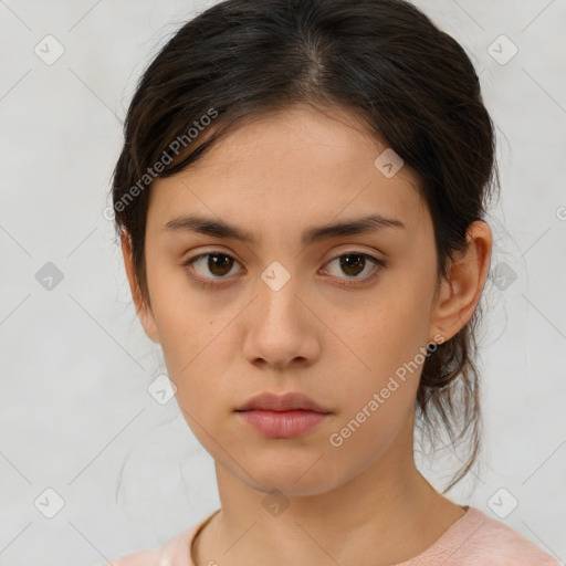 Neutral white young-adult female with medium  brown hair and brown eyes