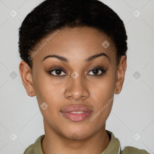 Joyful latino young-adult female with short  brown hair and brown eyes