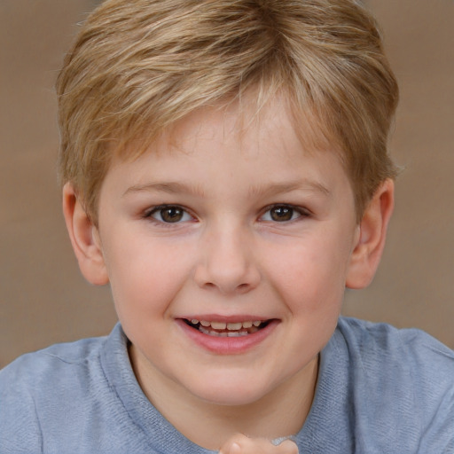 Joyful white child female with short  brown hair and brown eyes