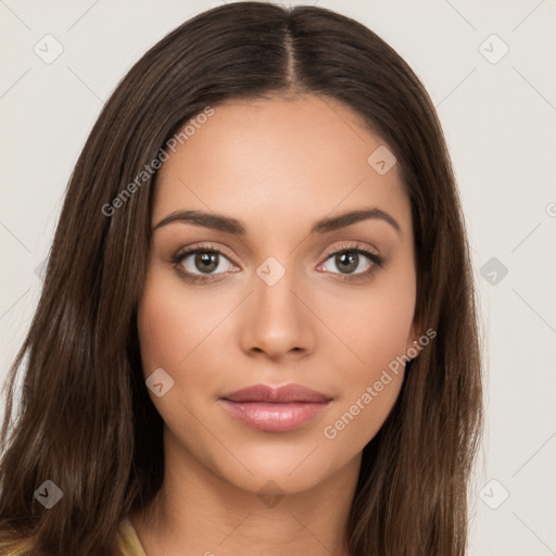 Neutral white young-adult female with long  brown hair and brown eyes