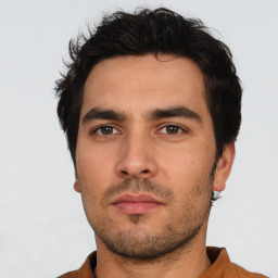 Neutral asian young-adult male with short  black hair and brown eyes