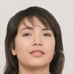 Neutral asian young-adult female with long  brown hair and brown eyes