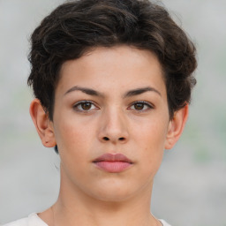 Neutral white young-adult female with short  brown hair and brown eyes