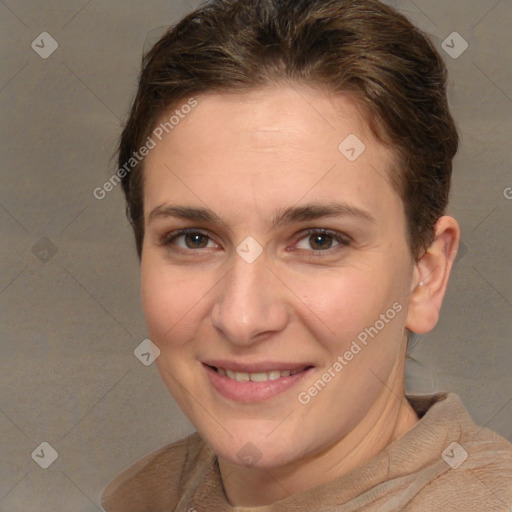 Joyful white young-adult female with short  brown hair and brown eyes