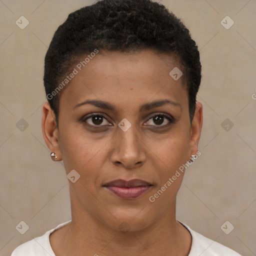 Joyful black young-adult female with short  brown hair and brown eyes