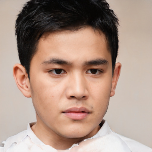 Neutral asian young-adult male with short  brown hair and brown eyes