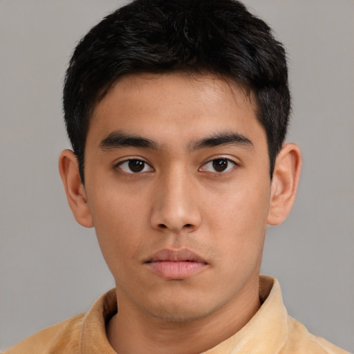 Neutral asian young-adult male with short  brown hair and brown eyes