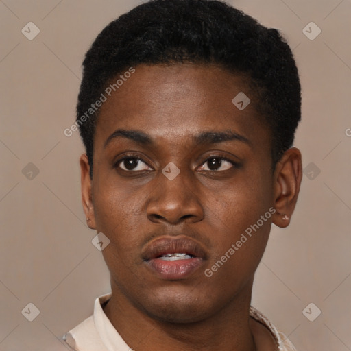 Neutral black young-adult male with short  black hair and brown eyes