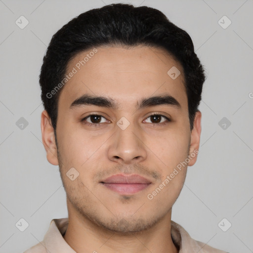 Neutral latino young-adult male with short  black hair and brown eyes