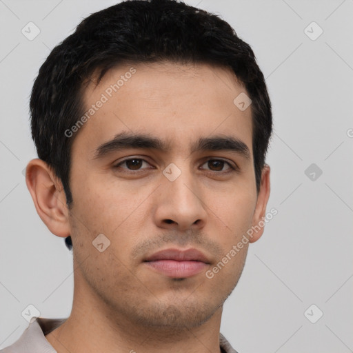 Neutral latino young-adult male with short  black hair and brown eyes