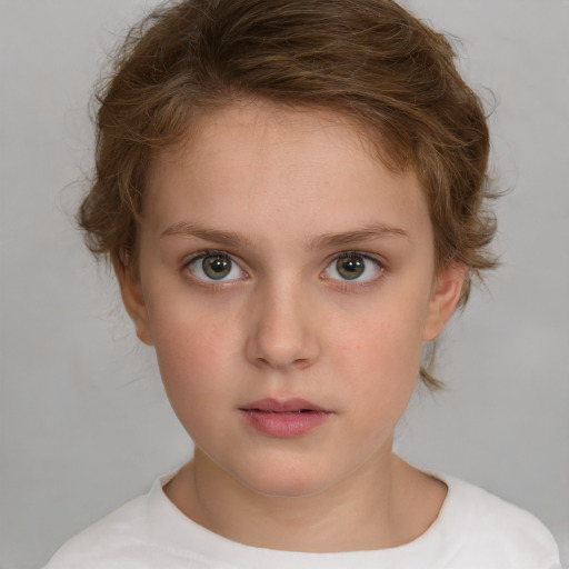 Neutral white child female with short  brown hair and green eyes