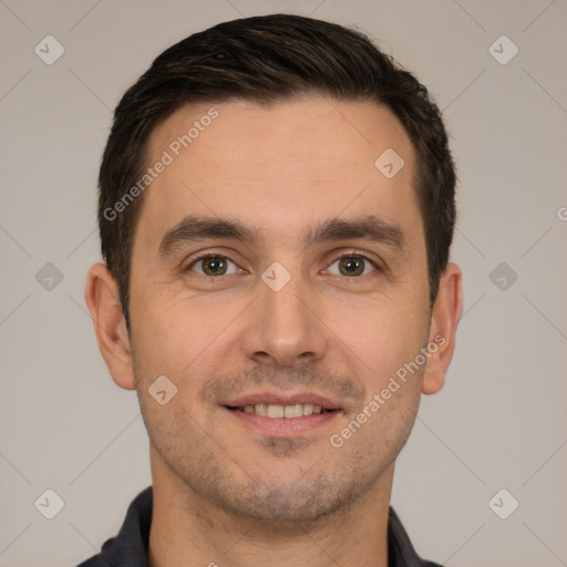 Joyful white young-adult male with short  brown hair and brown eyes