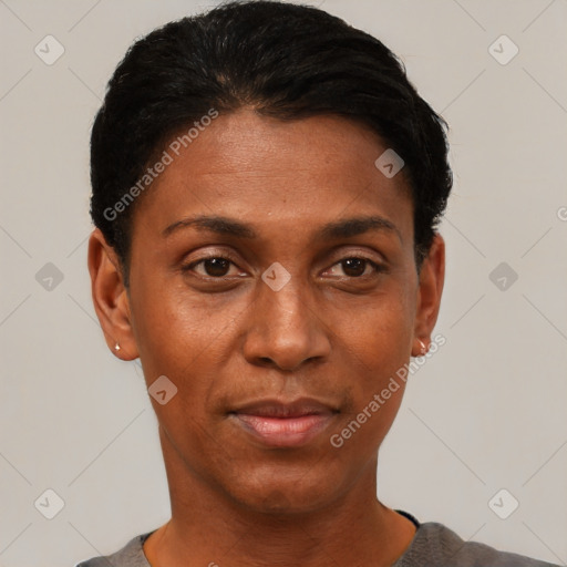 Neutral black young-adult female with short  black hair and brown eyes