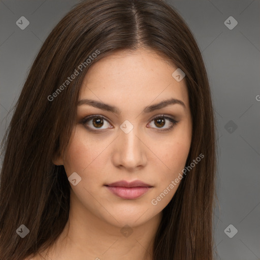 Neutral white young-adult female with long  brown hair and brown eyes