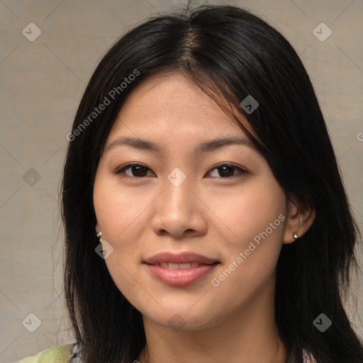 Joyful asian young-adult female with medium  brown hair and brown eyes