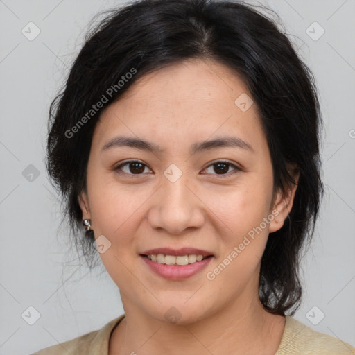 Joyful asian young-adult female with medium  brown hair and brown eyes