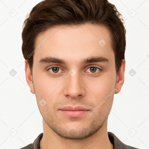 Neutral white young-adult male with short  brown hair and brown eyes