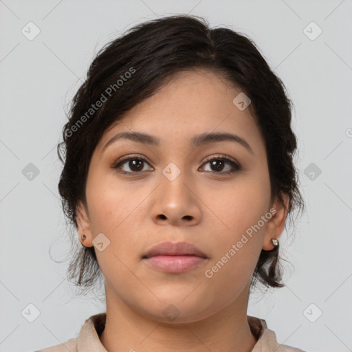 Neutral asian young-adult female with medium  brown hair and brown eyes