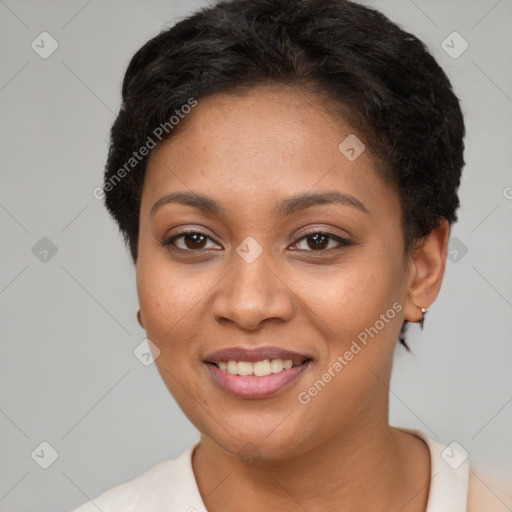 Joyful latino young-adult female with short  brown hair and brown eyes