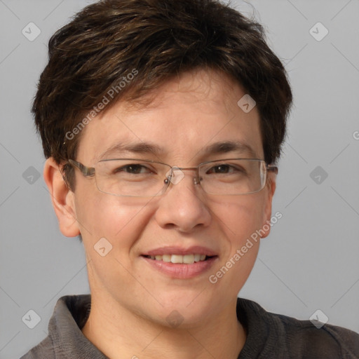 Joyful white adult male with short  brown hair and grey eyes