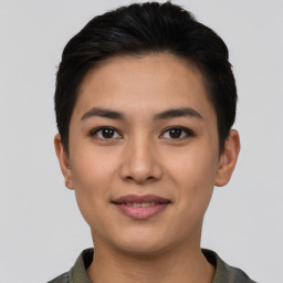 Joyful asian young-adult female with short  brown hair and brown eyes