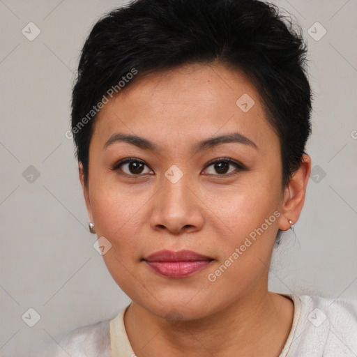 Joyful asian young-adult female with short  brown hair and brown eyes