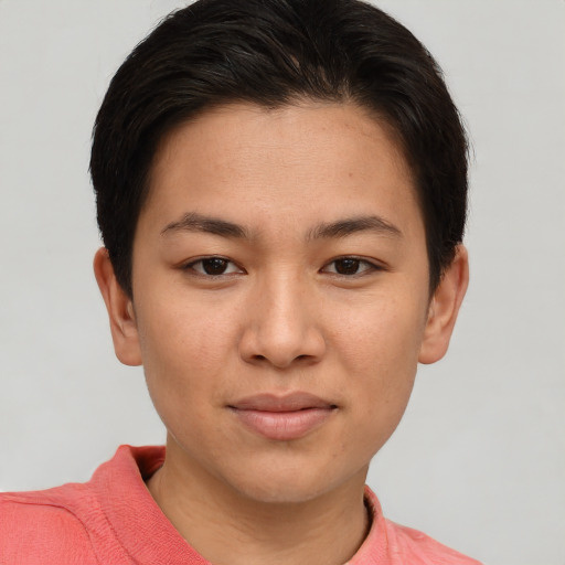 Joyful asian young-adult female with short  brown hair and brown eyes