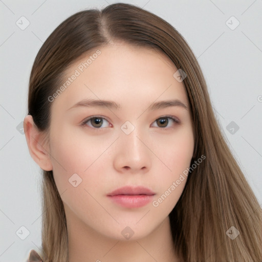 Neutral white young-adult female with long  brown hair and brown eyes